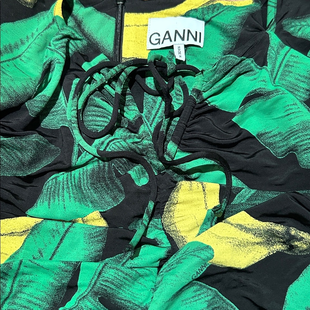 Ganni Ruched Black Banana Palm Print Midi Dress - Picture 6 of 13